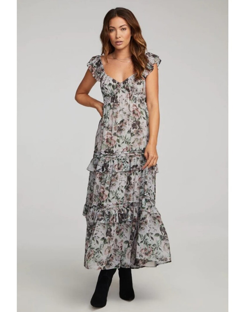 NWT Saltwater Luxe Gray and Purple Floral Midi Maxi Dress S